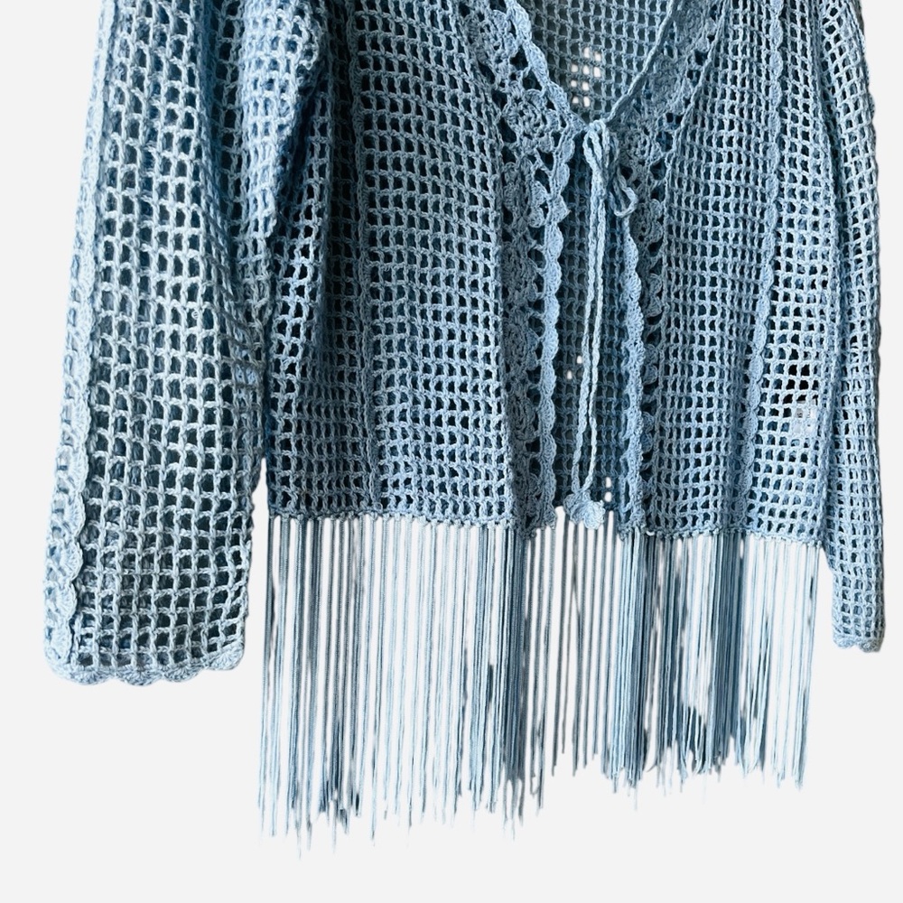 Debbie Shuchat Blue Crochet Fringe Front Tie Ramie Cotton Summer Top Small - Picture 5 of 7